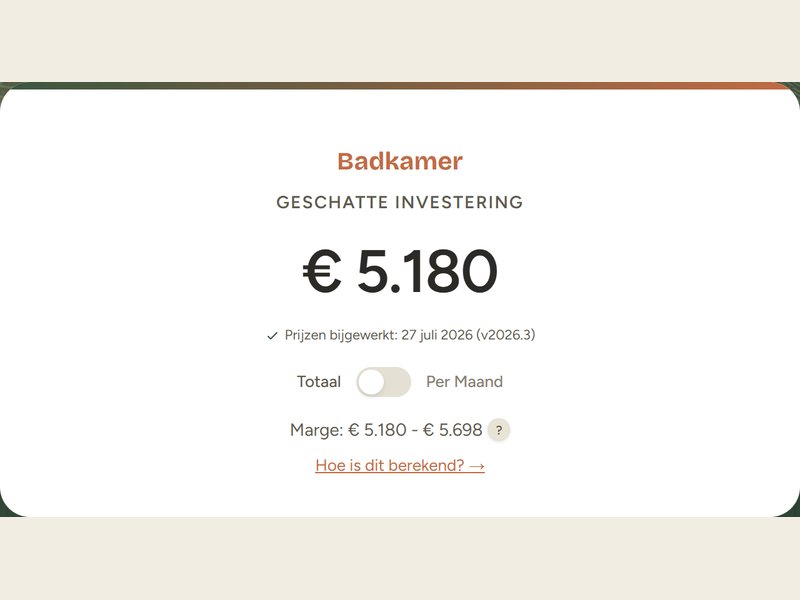 De uitkomst van de calculator voor een badkamer, met totaalbedrag en marge